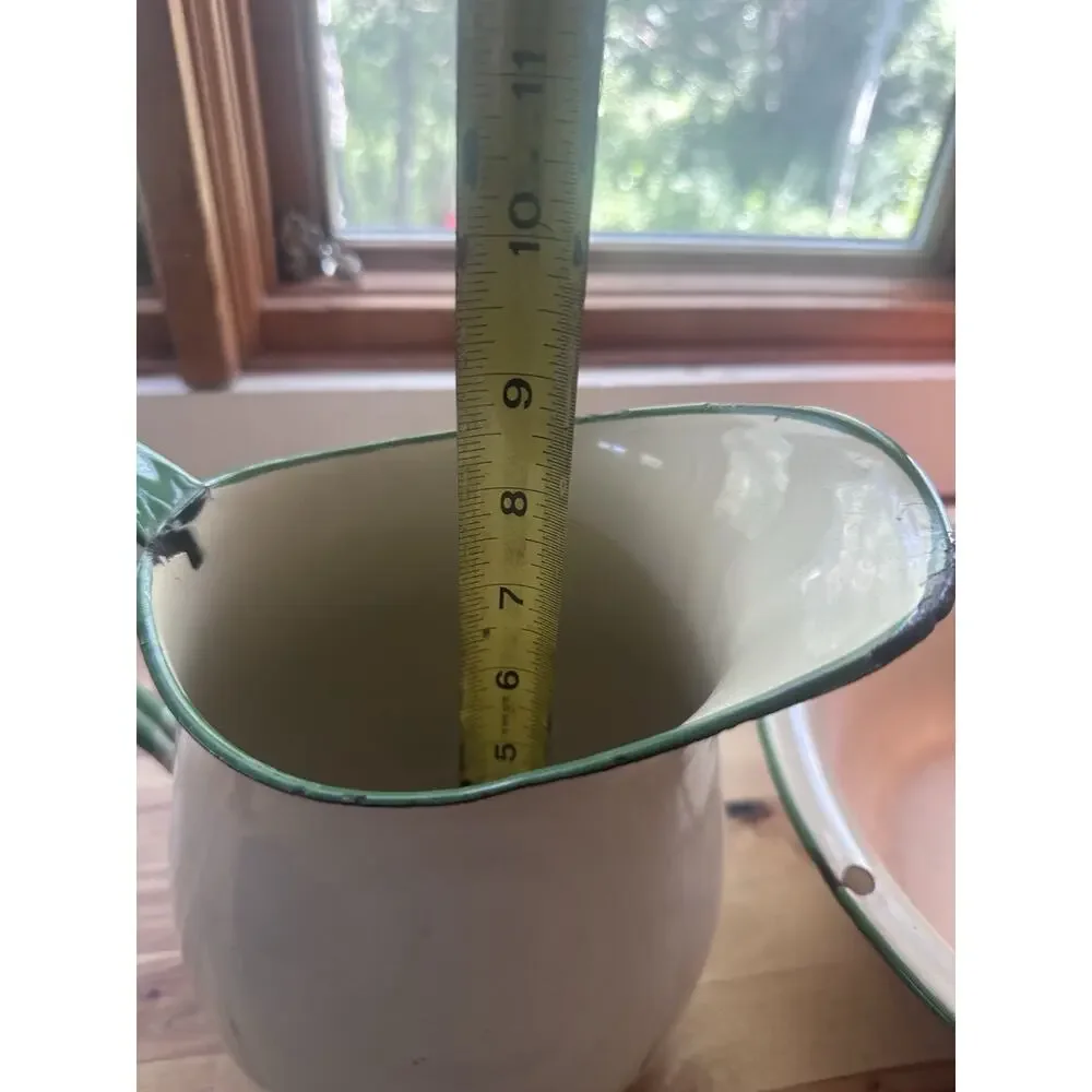 Vintage Enamelware Pitcher and Basin Wash Set Cream Green Rim Farmhouse Antique